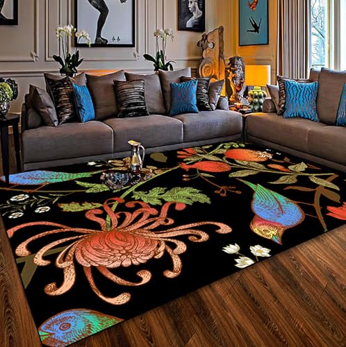 Ldiuttu Teppich Wohnzimmer 80 x 160 cm Teppiche Waschbar Rutschfester Weich Kurzflor Fußmatte für Schlafzimmer Esszimmer Küche Modernes Retro-Blumenmuster in Orange, Schwarz und Blau von Ldiuttu