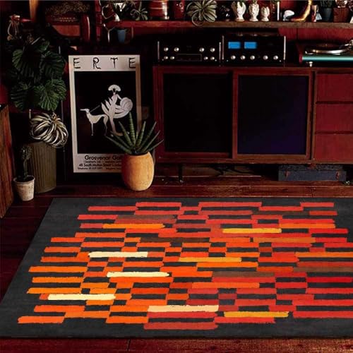 Ldiuttu Teppich Wohnzimmer Groß 200 x 290 cm Weicher rutschfest Waschbarer Schlafzimmer Teppiche Pflegeleichter Dekoration Teppich Moderne geometrische rot orange schwarz von Ldiuttu
