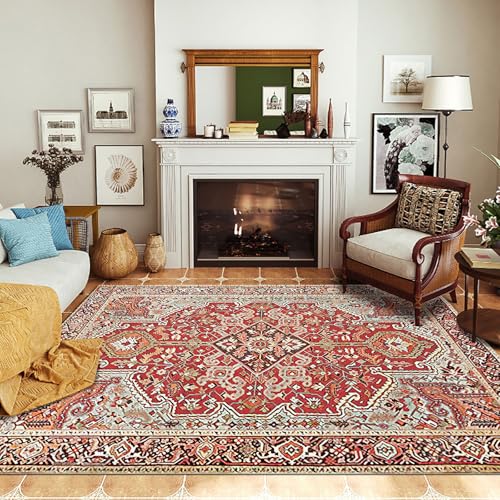 Ldiuttu Teppich Wohnzimmer Groß 200 x 290 cm Weicher rutschfest Waschbarer Schlafzimmer Teppiche Pflegeleichter Dekoration Teppich Retro Blumen rot gelb von Ldiuttu