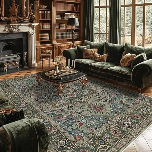 Ldiuttu Teppich Wohnzimmer Moderner 140 x 200 cm Waschbar Kurzflor Weich Pflegeleicht Teppich für Schlafzimmer Esszimer Küchen Retro geometrische Blumen blau grün von Ldiuttu