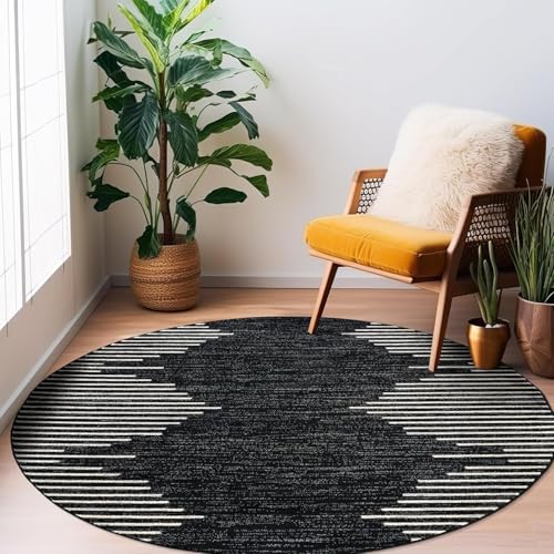 Ldiuttu Teppich Wohnzimmer Rund ø 80 Teppiche Waschbar Rutschfester Weich Kurzflor Fußmatte für Schlafzimmer Esszimmer Küche Moderne geometrische Linien schwarz von Ldiuttu