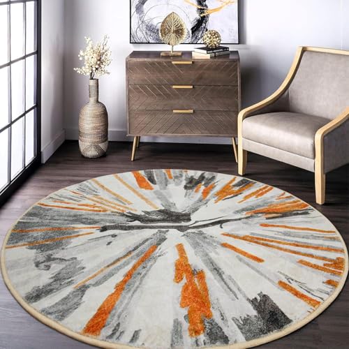 Ldiuttu Teppich Wohnzimmer Rund ø 80 Teppiche Waschbar Rutschfester Weich Kurzflor Fußmatte für Schlafzimmer Esszimmer Küche Moderne geometrische Tinte grau orange von Ldiuttu