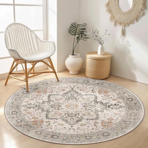Ldiuttu Teppich Wohnzimmer Rund ø 80 Teppiche Waschbar Rutschfester Weich Kurzflor Fußmatte für Schlafzimmer Esszimmer Küche Retro geometrisch floral grau orange von Ldiuttu
