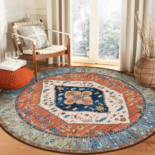 Ldiuttu Teppich Wohnzimmer Rund ø 80 Teppiche Waschbar Rutschfester Weich Kurzflor Fußmatte für Schlafzimmer Esszimmer Küche Retro geometrischen ethnischen Stil orange blau von Ldiuttu