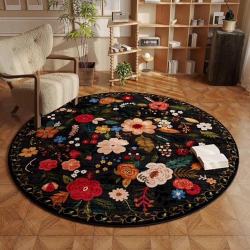 Ldiuttu Teppich Wohnzimmer Rund ø 80 Teppiche Waschbar Rutschfester Weich Kurzflor Fußmatte für Schlafzimmer Esszimmer Küche modern floral schwarz rot grün von Ldiuttu