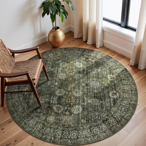 Ldiuttu Teppich Wohnzimmer Rund ø 90 Weich Rutschfester Maschinen waschbar Teppich Kurzflor Deko Teppiche für Schlafzimmer Esszimmer Retro Blumen grün braun von Ldiuttu
