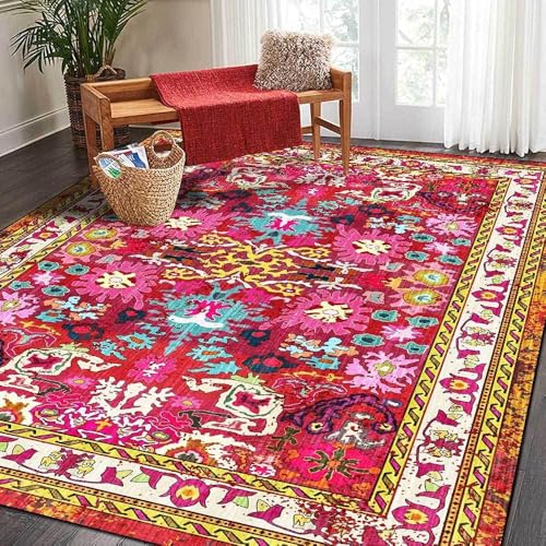 Ldiuttu Teppich Wohnzimmer Rutschfester 150 x 200 cm Waschbarer Kurzflor Teppich Weich Pflegeleicht für Küche Esszimmer Schlafzimmer Retro Blumen Rose rot gelb von Ldiuttu