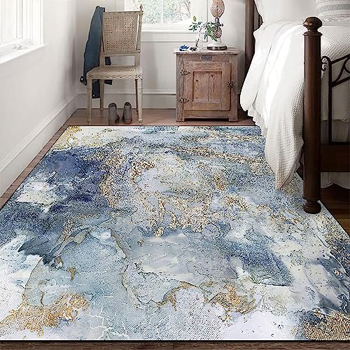 Ldiuttu Teppich für Wohnzimmer 110 x 190 cm Weich Waschbar Rutschfester Kurzflor Teppich für Schlafzimmer Küchen Läufer Flur Moderne abstrakte Tinte blau gelb von Ldiuttu