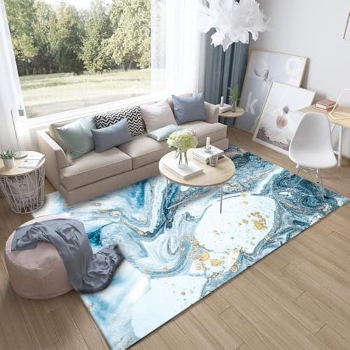 Ldiuttu Teppich für Wohnzimmer 110 x 190 cm Weich Waschbar Rutschfester Kurzflor Teppich für Schlafzimmer Küchen Läufer Flur Moderne abstrakte Tinte blau weiß von Ldiuttu