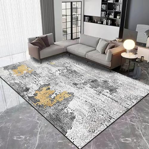 Ldiuttu Teppich für Wohnzimmer 110 x 190 cm Weich Waschbar Rutschfester Kurzflor Teppich für Schlafzimmer Küchen Läufer Flur Moderne abstrakte Tinte in Grau und Gelb von Ldiuttu
