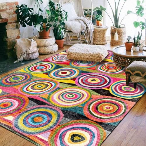 Ldiuttu Teppich für Wohnzimmer 110 x 190 cm Weich Waschbar Rutschfester Kurzflor Teppich für Schlafzimmer Küchen Läufer Flur Moderne abstrakte gelb grün rot von Ldiuttu