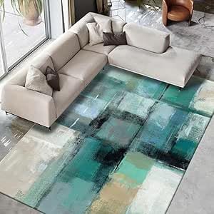 Ldiuttu Teppich für Wohnzimmer 110 x 190 cm Weich Waschbar Rutschfester Kurzflor Teppich für Schlafzimmer Küchen Läufer Flur Moderne abstrakte geometrische grün gelb von Ldiuttu