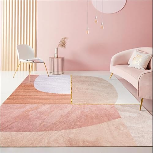 Ldiuttu Teppich für Wohnzimmer 110 x 190 cm Weich Waschbar Rutschfester Kurzflor Teppich für Schlafzimmer Küchen Läufer Flur Moderne geometrische Linien beige rosa orange von Ldiuttu