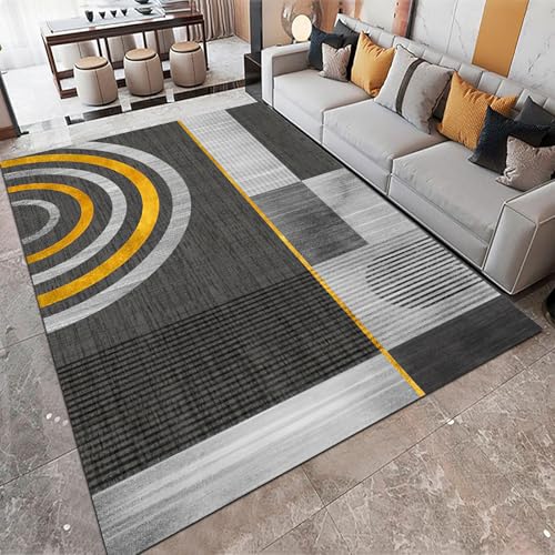 Ldiuttu Teppich für Wohnzimmer 110 x 190 cm Weich Waschbar Rutschfester Kurzflor Teppich für Schlafzimmer Küchen Läufer Flur Moderne geometrische Linien schwarz gelb grau von Ldiuttu