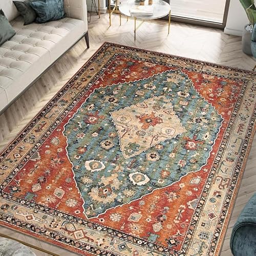 Ldiuttu Teppich für Wohnzimmer 110 x 190 cm Weich Waschbar Rutschfester Kurzflor Teppich für Schlafzimmer Küchen Läufer Flur Retro floral Ethno-Stil rot blau von Ldiuttu
