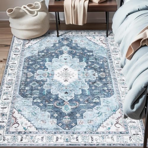 Ldiuttu Teppich für Wohnzimmer 110 x 190 cm Weich Waschbar Rutschfester Kurzflor Teppich für Schlafzimmer Küchen Läufer Flur Retro floral ethnischen blau von Ldiuttu