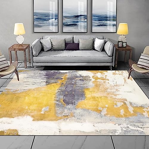 Ldiuttu Teppich für Wohnzimmer 70 x 140 cm Teppiche Eingangs Waschbar rutschfest Teppich Rechteckiger für Esszimmer Schlafzimmer Moderne abstrakte Tinte in Grau und Gelb von Ldiuttu