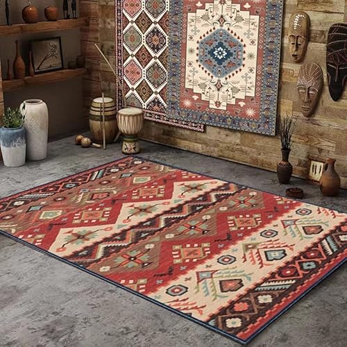 Ldiuttu Teppich für Wohnzimmer rutschfest 200 x 250 cm Waschbarer Kurzflor Groß Teppich für Schlafzimmer Heimbüro Teppiche Retro geometrischen ethnischen Stil rot von Ldiuttu