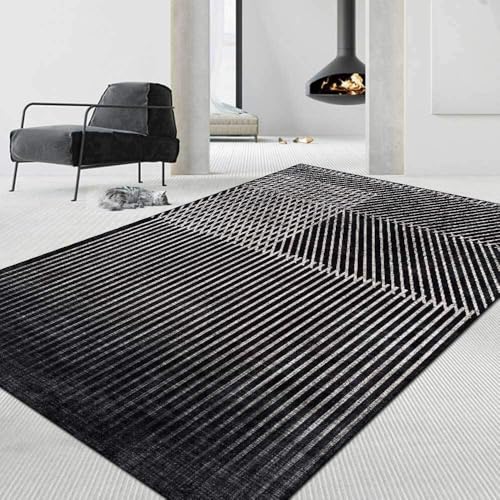 Ldiuttu kleine Teppich 80 x 160 cm Moderner Waschbar Rutschfester Teppich Weich Kurzflor Fußmatte für Schlafzimmer Esszimmer Küche Moderne geometrische Linien schwarz grau von Ldiuttu