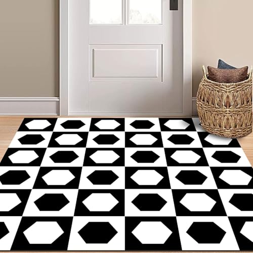 Ldiuttu kleine Teppich 80 x 160 cm Moderner Waschbar Rutschfester Teppich Weich Kurzflor Fußmatte für Schlafzimmer Esszimmer Küche Moderne geometrische schwarz weiß von Ldiuttu