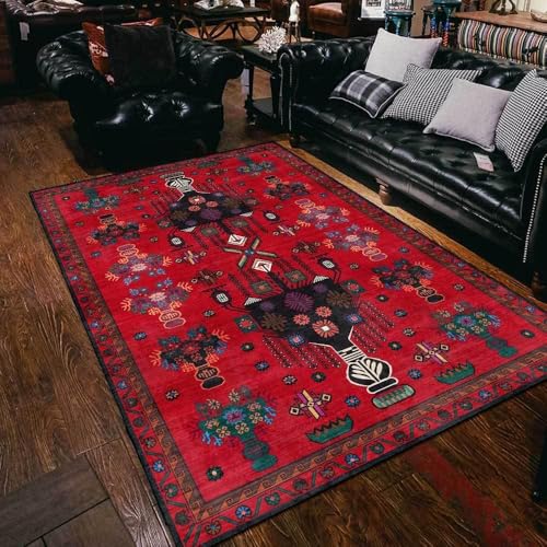 Ldiuttu kleine Teppich 80 x 160 cm Moderner Waschbar Rutschfester Teppich Weich Kurzflor Fußmatte für Schlafzimmer Esszimmer Küche Retro Ethno-Stil rot grün von Ldiuttu