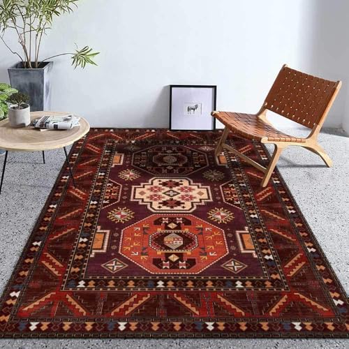Ldiuttu kleine Teppich 80 x 160 cm Moderner Waschbar Rutschfester Teppich Weich Kurzflor Fußmatte für Schlafzimmer Esszimmer Küche Retro geometrischen ethnischen Stil rot von Ldiuttu