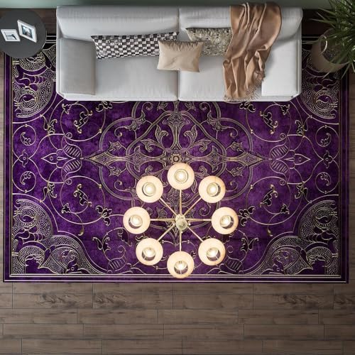 Teppich Wohnzimmer Groß 200 x 290 cm Weicher rutschfest Waschbarer Schlafzimmer Teppiche Pflegeleichter Dekoration Teppich Retro geometrisches Lila von Ldiuttu