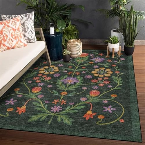 Teppich rutschfest Wohnzimmer 130 x 180 cm Waschbarer Rechteck Teppich Weich Leicht zu Reinigen Kurzflor Schlafzimmer Flur Läufer Moderne Blumen grün gelb lila von Ldiuttu