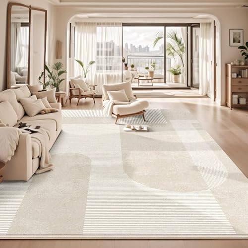 Teppich rutschfest Wohnzimmer 130 x 180 cm Waschbarer Rechteck Teppich Weich Leicht zu Reinigen Kurzflor Schlafzimmer Flur Läufer Moderne Linien beige weiß von Ldiuttu