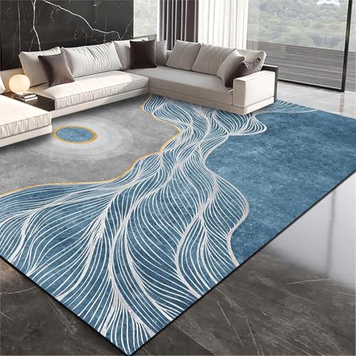 Teppich rutschfest Wohnzimmer 130 x 180 cm Waschbarer Rechteck Teppich Weich Leicht zu Reinigen Kurzflor Schlafzimmer Flur Läufer Moderne Linien blau grau von Ldiuttu