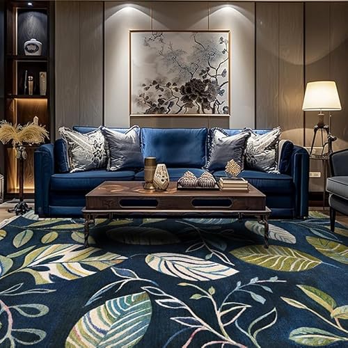 Teppich rutschfest Wohnzimmer 130 x 180 cm Waschbarer Rechteck Teppich Weich Leicht zu Reinigen Kurzflor Schlafzimmer Flur Läufer Moderne Pflanze Blätter blau von Ldiuttu