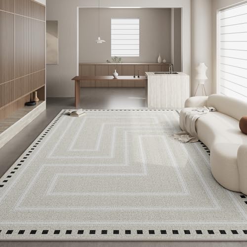Teppich rutschfest Wohnzimmer 130 x 180 cm Waschbarer Rechteck Teppich Weich Leicht zu Reinigen Kurzflor Schlafzimmer Flur Läufer Moderne geometrische Linien beige schwarz von Ldiuttu