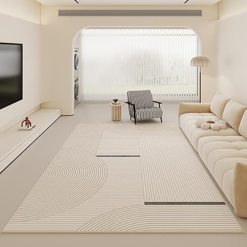 Teppich rutschfest Wohnzimmer 130 x 180 cm Waschbarer Rechteck Teppich Weich Leicht zu Reinigen Kurzflor Schlafzimmer Flur Läufer Moderne geometrische Linien beige schwarz von Ldiuttu