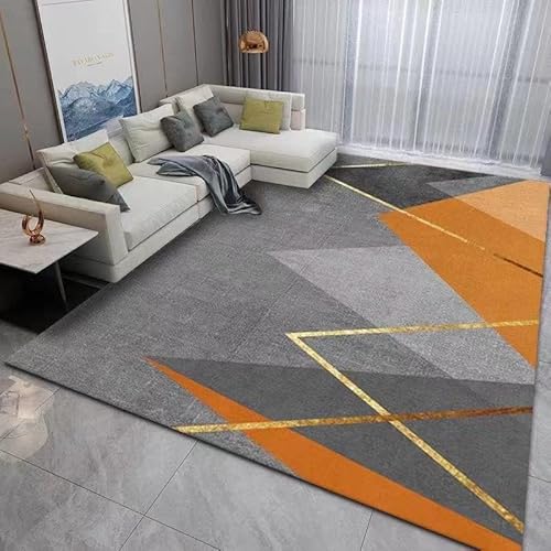 Teppich rutschfest Wohnzimmer 130 x 180 cm Waschbarer Rechteck Teppich Weich Leicht zu Reinigen Kurzflor Schlafzimmer Flur Läufer Moderne geometrische Linien grau orange von Ldiuttu