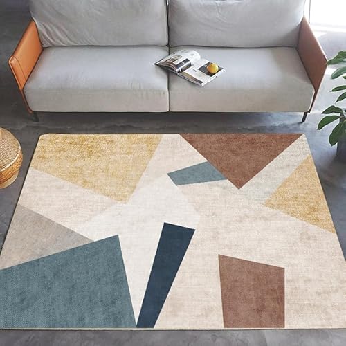 Teppich rutschfest Wohnzimmer 130 x 180 cm Waschbarer Rechteck Teppich Weich Leicht zu Reinigen Kurzflor Schlafzimmer Flur Läufer Moderne geometrische blau gelb beige von Ldiuttu
