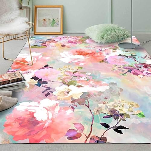 Teppich rutschfest Wohnzimmer 130 x 180 cm Waschbarer Rechteck Teppich Weich Leicht zu Reinigen Kurzflor Schlafzimmer Flur Läufer Modernes Blumenmuster in Rosa und Lila von Ldiuttu