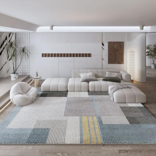 Teppich rutschfest Wohnzimmer 130 x 180 cm Waschbarer Rechteck Teppich Weich Leicht zu Reinigen Kurzflor Schlafzimmer Flur Läufer Modernes geometrisches Blau-Grau-Gelb von Ldiuttu
