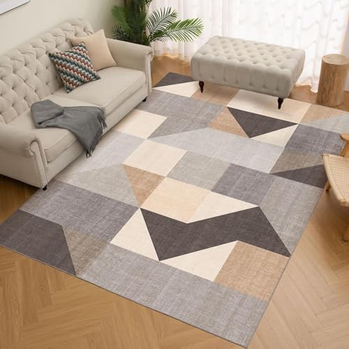 Teppich rutschfest Wohnzimmer 130 x 180 cm Waschbarer Rechteck Teppich Weich Leicht zu Reinigen Kurzflor Schlafzimmer Flur Läufer Modernes geometrisches Graubraun von Ldiuttu