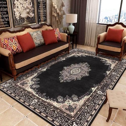 Teppich rutschfest Wohnzimmer 130 x 180 cm Waschbarer Rechteck Teppich Weich Leicht zu Reinigen Kurzflor Schlafzimmer Flur Läufer Retro floralen Ethno-Stil schwarz von Ldiuttu