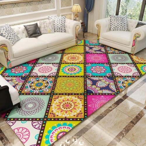 Teppich rutschfest Wohnzimmer 130 x 180 cm Waschbarer Rechteck Teppich Weich Leicht zu Reinigen Kurzflor Schlafzimmer Flur Läufer Retro geometrischen ethnischen Stil gelb blau von Ldiuttu