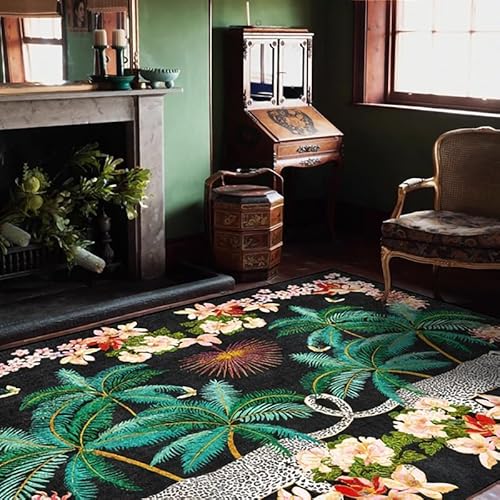 Teppich rutschfest Wohnzimmer 130 x 180 cm Waschbarer Rechteck Teppich Weich Leicht zu Reinigen Kurzflor Schlafzimmer Flur Läufer modern Blume Pflanze schwarz grün von Ldiuttu