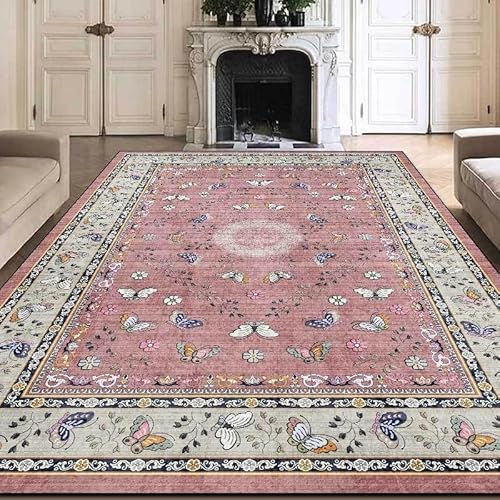 Teppich rutschfest Wohnzimmer 130 x 180 cm Waschbarer Rechteck Teppich Weich Leicht zu Reinigen Kurzflor Schlafzimmer Flur Läufer modern Retro Blumen rosa blau von Ldiuttu