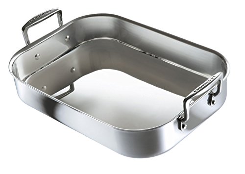 Le Creuset Bratreine aus 3-ply Edelstahl, 35 cm, Rechteckig, Für alle Herdarten inkl. Induktion geeignet, Mit senkrechten Griffen, Silber, 96102270000000 von LE CREUSET