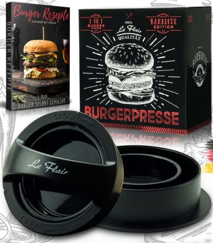 Le Flair® Neuheit 3 in 1 Burgerpresse Set - Hamburgerpresse mit Aufbewahrungstasche - Burger Patty Presse inkl. 50 Blatt Backpapier - Perfektes Grillzubehör Geschenk für Männer I Deutsche Marke von Le Flair