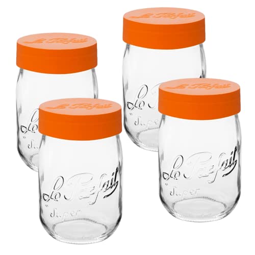 Le Parfait Schraubverschluss-Glas,907 ml/Quart (4 Stück) 1 l breite Öffnung französisches Glas mit luftdichtem orangefarbenem Deckel, Mehl, braunem Zucker und andere Backutensilien von Le Parfait
