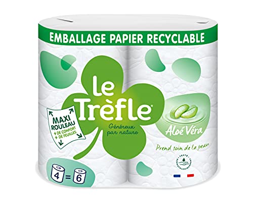 Le Trefle® Aloe Vera, Toilettenpapier, 4 Maxi-Rollen = 6 klassische Rollen, flauschig, 3-lagig, Aloe Vera Lotion, recycelbares Papier, FSC®-zertifiziertes Papier, gemischt von Le Trefle