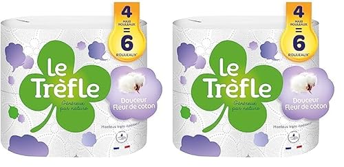 Le Trefle® Douceur Fleur de Coton – Toilettenpapier – 4 Maxi-Rollen : 6 klassische Rollen – Lotion mit Baumwollextrakten – recycelbare Papierverpackung – FSC®-zertifiziertes Papier weiß von Le Trefle