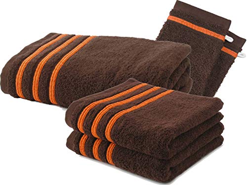 Collection Waschlappe, Frottee, 550 g, 100% hochwertige Baumwolle, Baumwolle, Chocolat/Orange, 2 Serviettes + 1 Drap de Douche + 2 Gants von Le linge de Jules