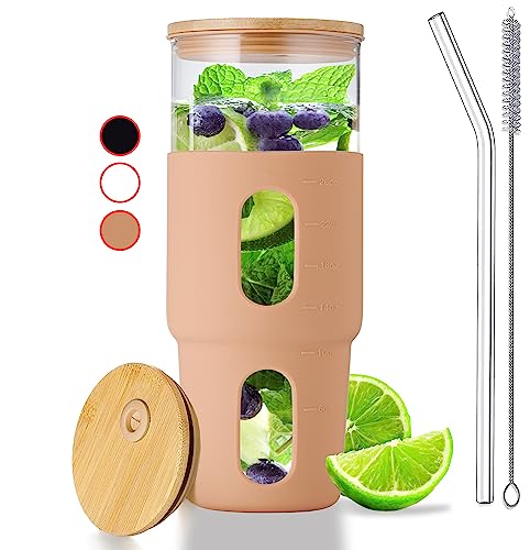 900 ml Glas-Bierkrug & Stein Tumbler mit Strohhalm & Bambusdeckel mit Silikonhülle, wiederverwendbarer Boba-Smoothie-Becher, Eiskaffeebecher, passend für Becherhalter, bleifrei, bernsteinfarben. von Le'raze