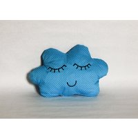 Kissen Wolke Doudou Baumwolle Blau Türkis Print Plumetis Bestickt Weißen Gesicht Heiter Niedlich Faden Schwarz Made in Frankreich von LeDedArpine